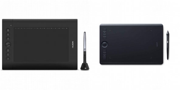 Side by side comparison of Huion H610 Pro V2 and Wacom Intuos Pro Medium PTH660 drawing tablets.