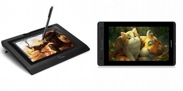 Side by side comparison of Parblo Coast10 and HUION Kamvas Pro 13 GT-133 drawing tablets.