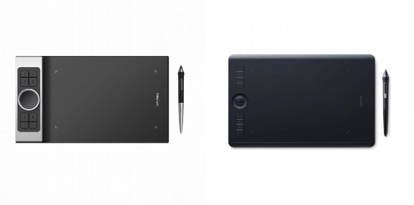 Side by side comparison of XP-PEN Deco Pro MW and Wacom Intuos Pro Medium PTH660 drawing tablets.