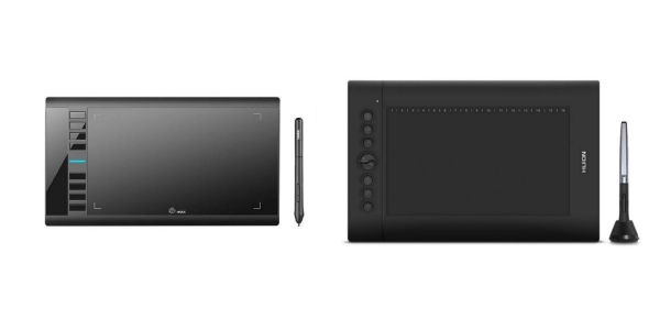 Side by side comparison of UGEE M708 and Huion H610 Pro drawing tablets.