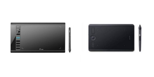 Side by side comparison of UGEE M708 and Wacom Intuos Pro Small drawing tablets.